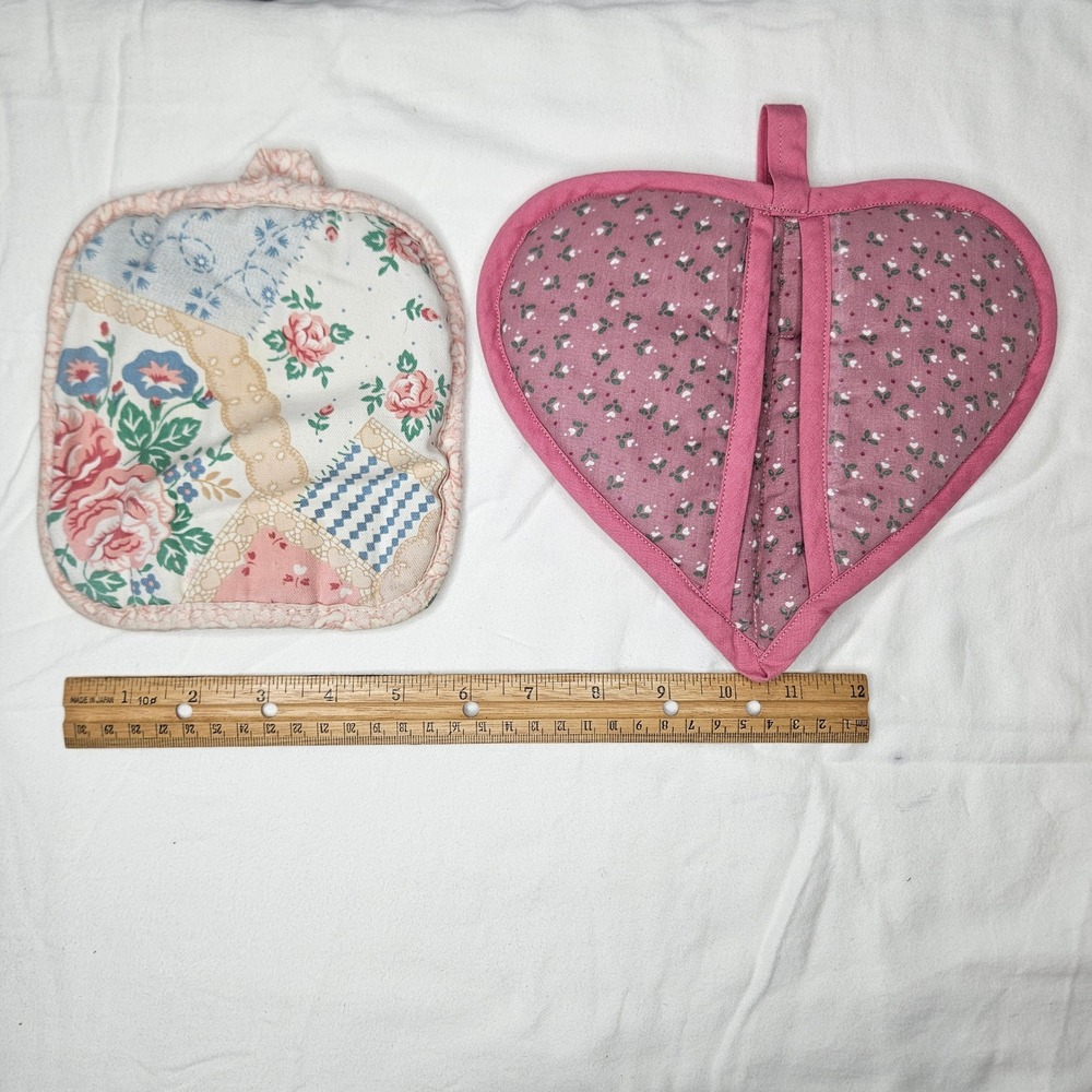 Vtg Floral Potholder Set Pink Heart Pocket Square Patchwork Cottagecore Handmade